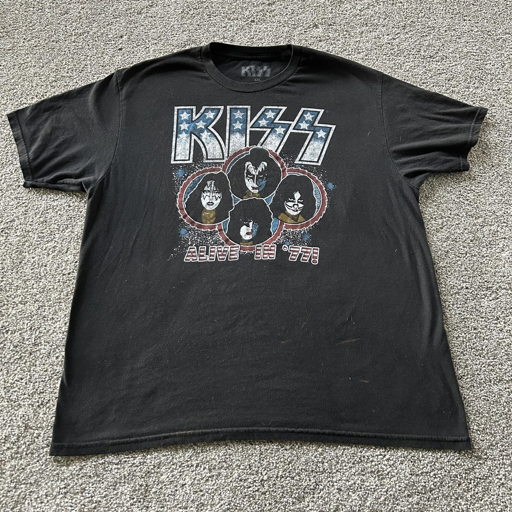 KISS Alive In '77 Shirt Mens 2XL Black Rock Band Graphic Music Tee T-Shirt